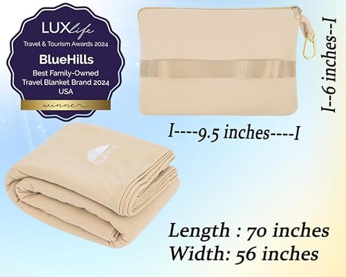 BlueHills Premium Soft Lightweight Travel Blanket Pillow Pocket Size Beige