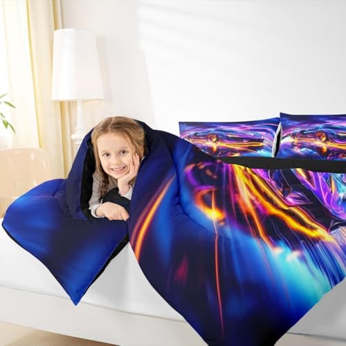 Erosebridal Rainbow Race Car Boy Queen Bedding Sets for Kids,Watercolor Tie Dye Aurora Car Comforter Set for Child Room Decor,Vintage Speed Racing Cars Comforter,Hot Pink Sports Racing Games Quilt