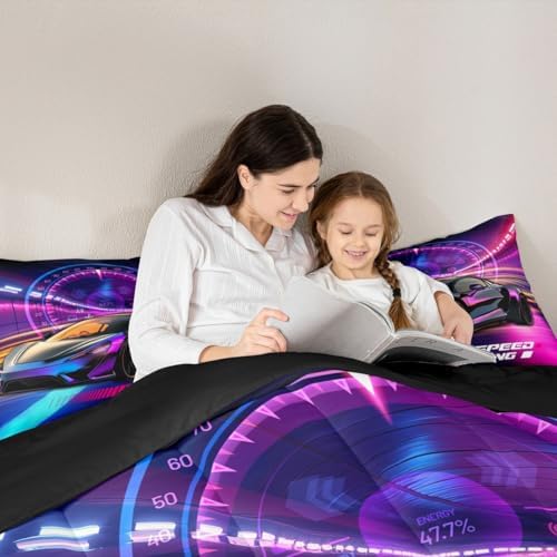 Erosebridal Race Car Bedding Set Boys Extreme Sports Comforter Set for Kids Boys Cool Car Sports Quilt Set 1 Comforter with 2 Pillowcases King Size,Hot Pink Blue and Black