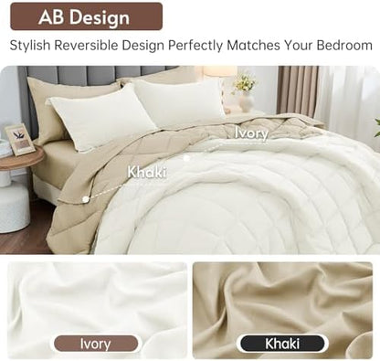 MUXHOMO 7 Pieces California King Comforter Set, Reversible Bed in a Bag Cal King Size, All Season Bedding Set with Comforter, Flat Sheet, Fitted Sheet, Pillowcases & Shams, Ivory & Khaki