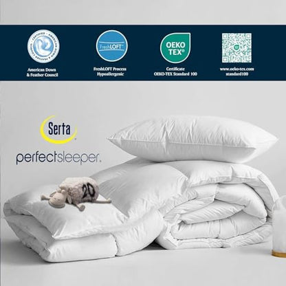 Serta Goose Feather Down Fiber Comforter Queen Size - 100% Cotton Cover Duvet Insert - Hotel Luxury Hypoallergenic Bedding Comforter Light Warmth 90 x 90 Inch White