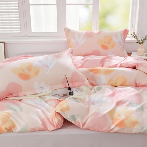 SAPHREAS Pink Floral Duvet Cover Set 3pcs Queen Size Garden Style Blossom Flower Printed Bedding Comforter Cover Set 100% Cotton 1 Duvet Cover 90"x90" 2 Pillow Shams, Comforter Not Included