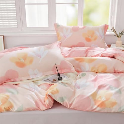 SAPHREAS Pink Floral Duvet Cover Set 3pcs King Size Botanical Blossom Flower Pattern Bedding Comforter Cover Set 100% Cotton 1 Duvet Cover 104"x90" 2 Pillow Shams, Comforter Not Included