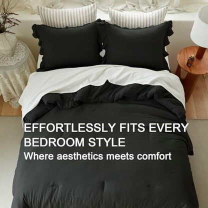 Black Ruffle 3 Pieces Comforter Set King Shabby Chic Bedding Set