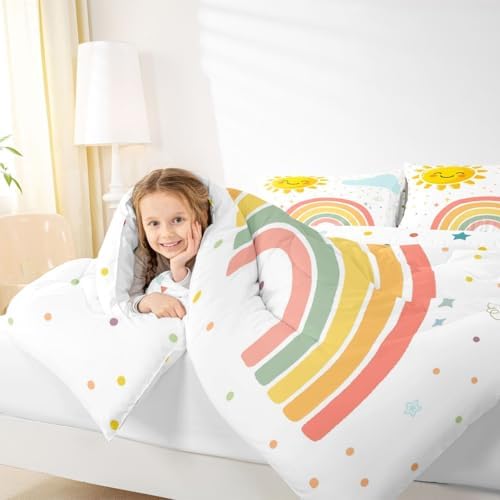 jejeloiu Cute Rainbow Comforter Set All Season Lovely Kids Rainbows Bedding Set with 1 Pillow Cases Cute Princess Microfiber Toddler Bedclothes Bedroom Decor Duvet Quilt Breathable Soft Lightweight