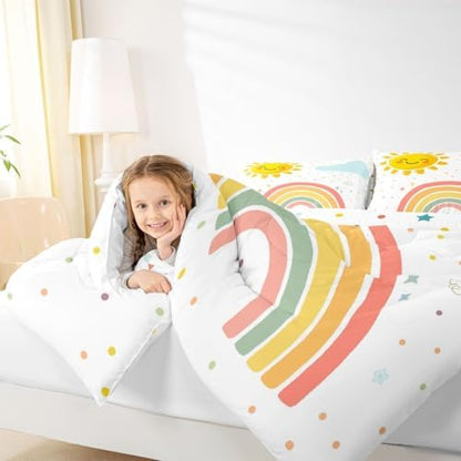 jejeloiu Cute Rainbow Comforter Set All Season Lovely Kids Rainbows Bedding Set with 1 Pillow Cases Cute Princess Microfiber Toddler Bedclothes Bedroom Decor Duvet Quilt Breathable Soft Lightweight