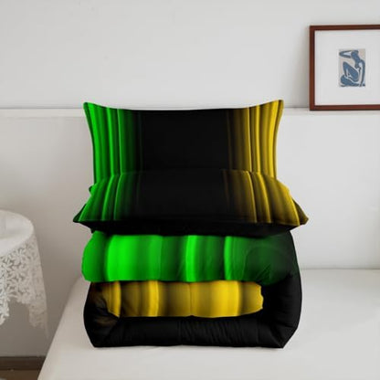 Feelyou Teens Abstract Ombre Decorations Bedding Set for Kids Women Green Yellow and Black Comforter Set Geometric Modern Quilt Set Room 3Pcs Queen Size