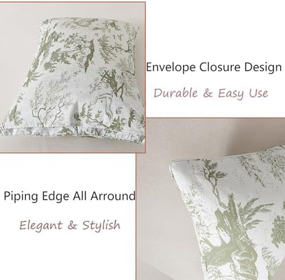 FADFAY Toile Sheets Set Cal King Sage Green Toile de Jouy Bedding Pastoral French Country Bedding 100% Egyptian Cotton Farmhouse Sheets Breathable Soft 4Pcs Deep Pocket Sheet Set for All Seasons