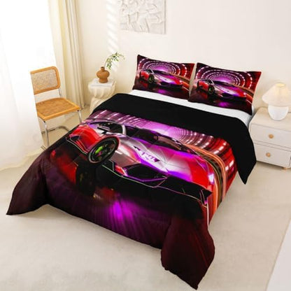 Feelyou Boys Sports Car Comforter Set King Size Pink Racing Car Bedding Set for Kids Boys Girls Extreme Sports Duvet Quilt Automobile Bedroom Decor Microfiber 3 Pcs with 2 Pillow Cases