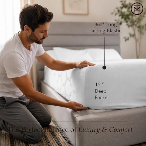 Threadmill 100% Cotton Sheets for Queen Size Bed - 600 Thread Count Queen Bed Sheets Set with 16” Deep Pocket - Jacquard Sateen Weave 4-Piece Bedding Set with Cooling Effect, White