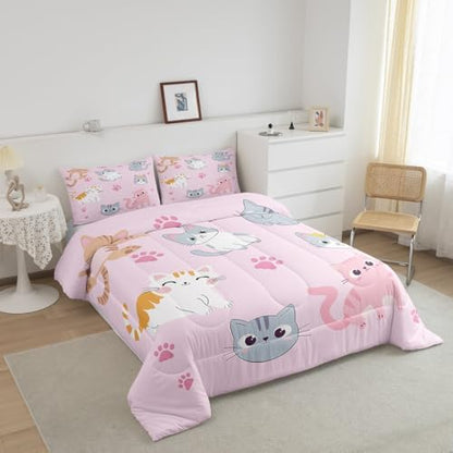 Erosebridal Kids Cat Comforter Set Queen Size Cute Colorful Cats Bedding Set for Girls Kawaii Room Decor,Pink Pet Animal Paw Down Comforter Grey Orange Cat Bed Set Soft Quilt Duvet Set 2 Pillow Cases