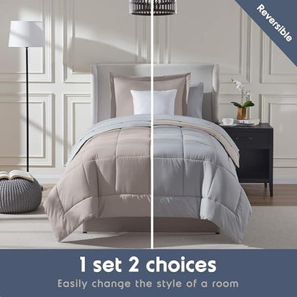 Nestl 7 Piece Twin Comforter Set – Linen Reversible Bed in a Bag – Complete Twin Size Bedding Set with Sheets, Set of 2 Down Alternative Pillows, Pillowcase and Sham