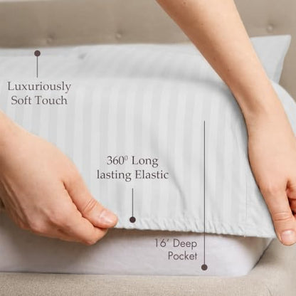 Threadmill 600TC Cotton King Sheet Set, Sateen, Damask Stripe, White