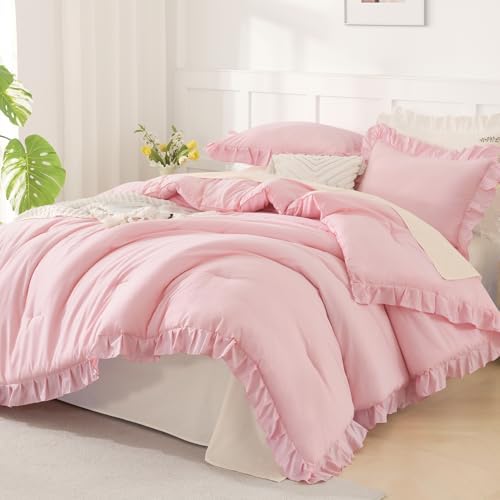 Andency Pink King Size Comforter Set, 3 Pieces Solid Farmhouse Bedding