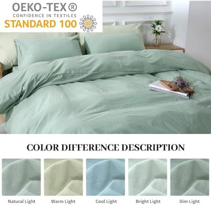 NEXHOME PRO Duvet Cover Set Queen Size Linen Look Textured Organic Natural 100% Washed Cotton Duvet Cover Teal 3 Pieces Bedding Set with Zipper Closure, Breathable, Soft (Aqua Green, No Comforter)