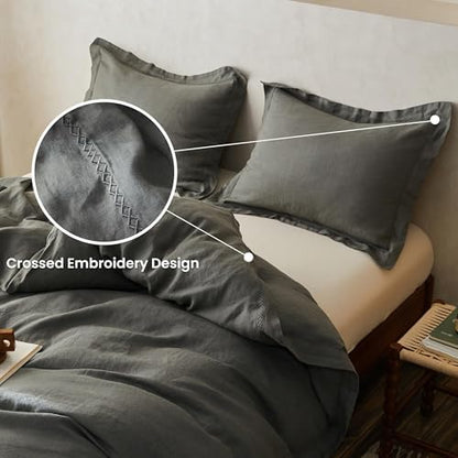 Simple&Opulence 100% Linen Duvet Cover Set with Crossed Embroidery Washed - 3 Pieces (1 Duvet Cover with 2 Pillow Shams) Soft Breathable Farmhouse -Cushing Green, King Size