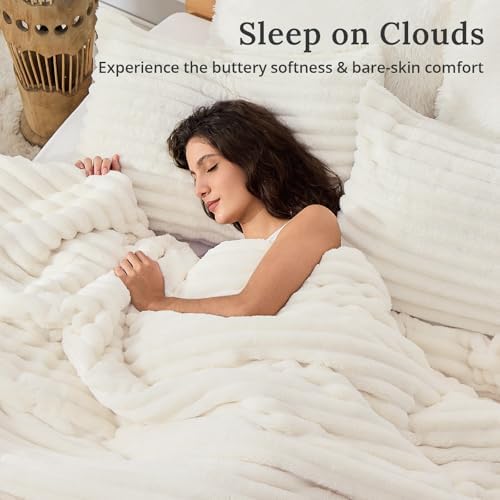 Sasttie Fluffy King Comforter Set, 3 PC Soft Fleece Bedding, Cream White