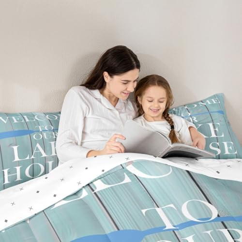 Lake House Comforter Set Full Size, Rustic Cabin Farmhouse Style Bedding Set 3pcs, Retro Wooden Plank Lake Theme Down Comforter for All Season, Kids Boys Girls Room Decor, 2 Pillowcases, No Sheets