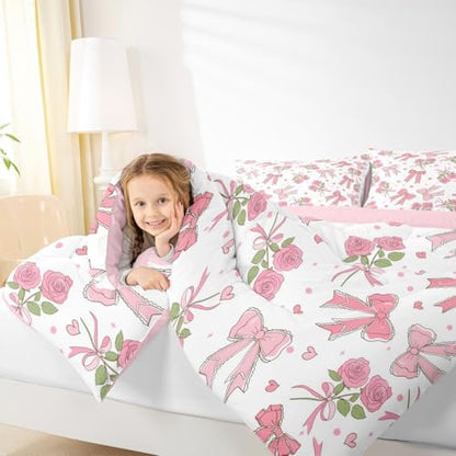 Castle Fairy Pink Bow Twin Size Comforter Set,Romantic Pink Roses Duvet Set Soft Bed Collection,Dreamy Girly Style Bedding Comforter for Boys Girls Bedroom,2 Pcs