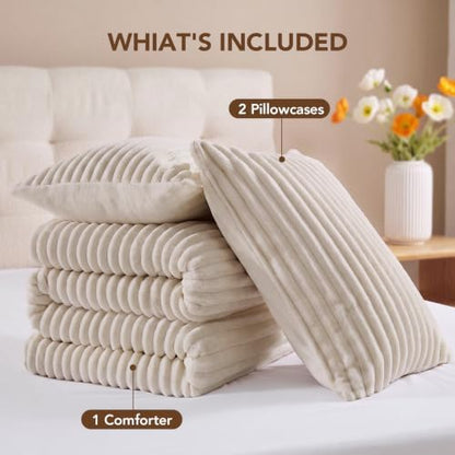 HYLEORY Fluffy King Comforter Set 3 Pieces - Fleece Fluffy Soft & Warm Plush Linen Comforter Sets, Luxury Fuzzy Bedding Sets, All Season Heavy Bed Set Twin Size with 2 Pillowcases