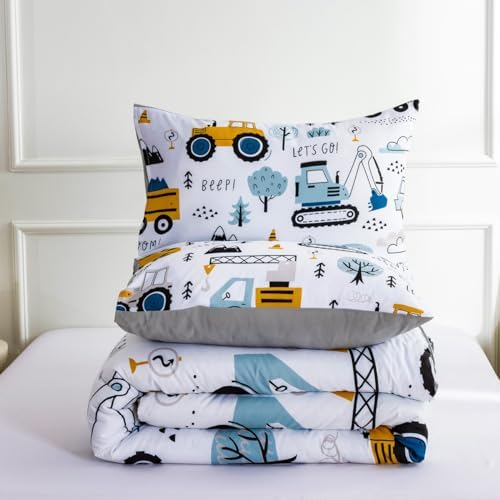 NTBED Construction Truck Full Comforter Set for Boys Kids Forest Vehicles Excavator Lightweight Microfiber Bedding Sets