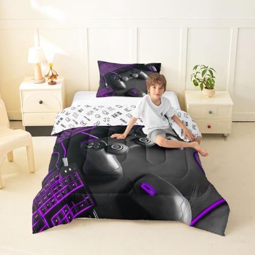 Feelyou Gamer Kids Comforter Set Twin Size Gaming Bedding Set Game Room Decor Duvet Quilt for Kids Boys Girls Bedroom Gamepad Decor Purple Microfiber Ultra Soft Breathable
