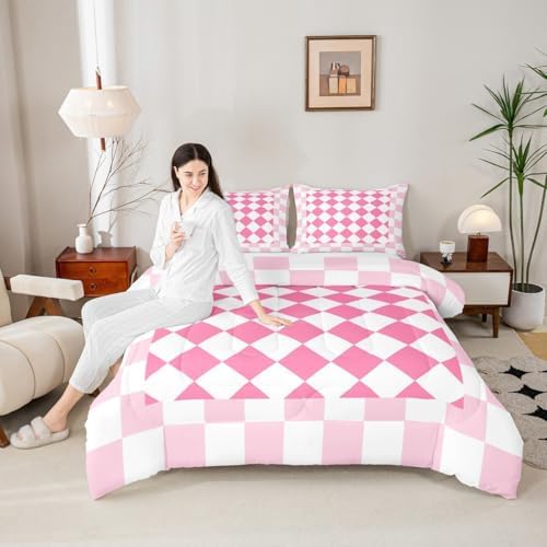 Feelyou Checkered Geometric Kids Comforter Set Queen Size Pink Plaid Bedding Set Checkerboard Modern Aesthetic Duvet Quilt for Kids Boys Girls Bedroom Reversible Pink Decor