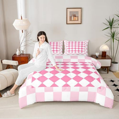Feelyou Checkered Geometric Kids Comforter Set Queen Size Pink Plaid Bedding Set Checkerboard Modern Aesthetic Duvet Quilt for Kids Boys Girls Bedroom Reversible Pink Decor