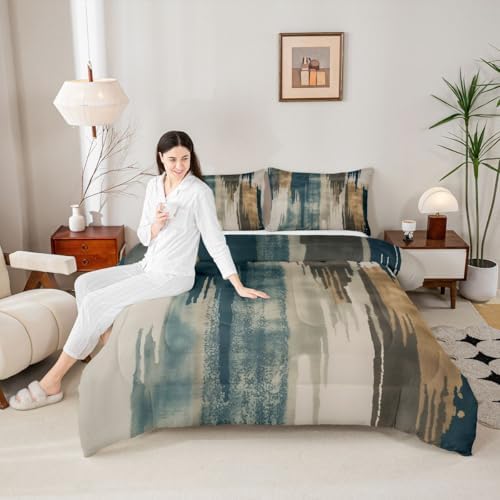 jejeloiu Blue Brown Abstract Kids Comforter Set Twin Size Modern Art Bedding Set Splash Ink Abstract Duvet Quilt for Kids Boys Girls Bedroom Luxury Decor Microfiber Ultra Soft Breathable