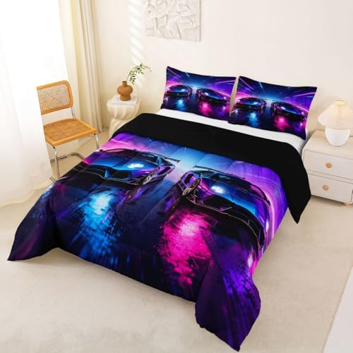 Feelyou Boys Race Car Comforter Set All Season Pink Racing Car Bedding Set with 2 Pillow Cases Speed Sports Microfiber Kids Full Bedclothes Bedroom Decor Duvet Quilt Breathable Soft Lightweight