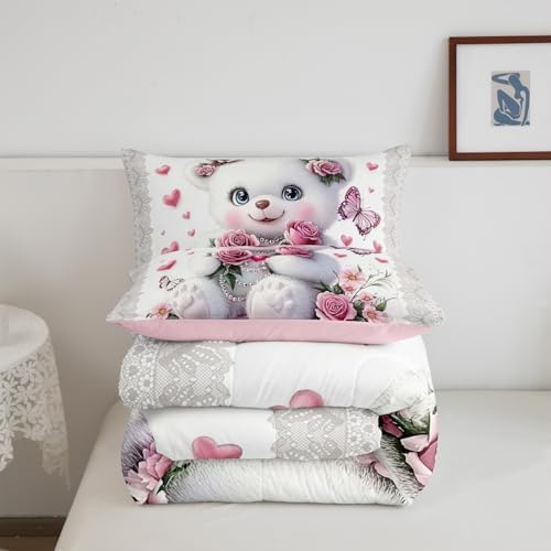 Feelyou Kids Cute Cartoon Bear Comforter Set Toddler Pink Rose Butterfly Love Heart Bedding Set Boys Girls Flowers Floral Pattern Quilt Set Pink Lace Pattern Bed Set