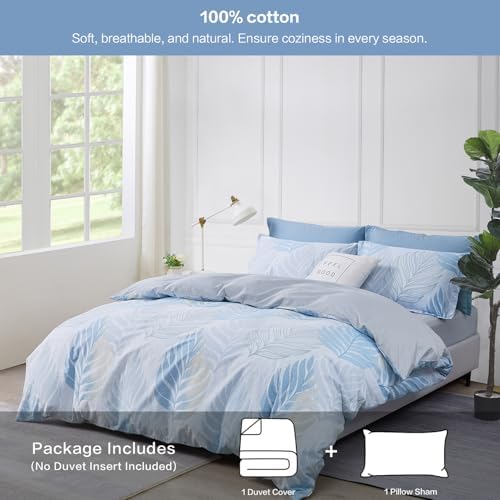 SAPHREAS Monstera Leaf Blue Duvet Cover Set 2pcs Tropical Botanical Palm Leaves Bedding Comforter Cover Set Closure 1 Duvet Cover 1 Pillow Sham, Comforter Not Included