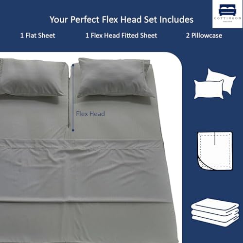 4 Piece Flex Head King Sheet Set 34" Top, 100% Egyptian Cotton, Light Grey
