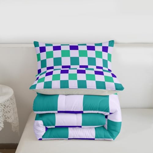Checkered Geometric Kids Comforter Set Twin Size Teal Blue Purple Plaid Bedding Set Checkerboard Modern Aesthetic Duvet Quilt for Kids Boys Girls Bedroom Reversible Grey Decor