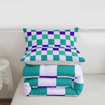 Checkered Geometric Kids Comforter Set Twin Size Teal Blue Purple Plaid Bedding Set Checkerboard Modern Aesthetic Duvet Quilt for Kids Boys Girls Bedroom Reversible Grey Decor