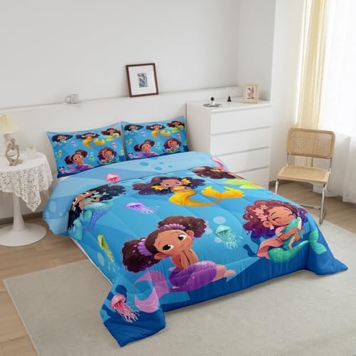 Homewish Black Girl Mermaid Bedding Sets Queen Size,Colorful Jellyfish Comforter Set 3Pcs,Cartoon Mermaid Quilt Set for Kids Teens Girls Room Decor,Cute Black Girls African Duvet Insert,2 Pillowcases