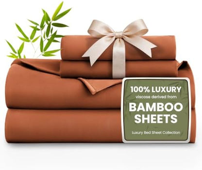 Love's cabin 3 Piece Twin XL Sheet Set, 100% Rayon Derived from Bamboo, Cooling & Breathable, Soft Silky Deep Pocket up to 16", Hotel Luxury Bedding for Hot Sleepers, Burnt Orange