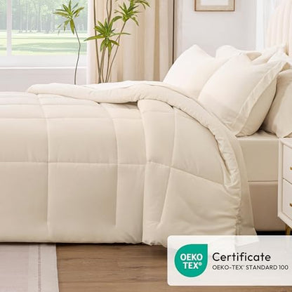 Love's cabin Queen Comforter Set Beige, 7 Pieces Queen Bed in a Bag, All Season Bedding Sets with 1 Comforter, 1 Flat Sheet, 1 Fitted Sheet, 2 Pillowcase and 2 Pillow Sham