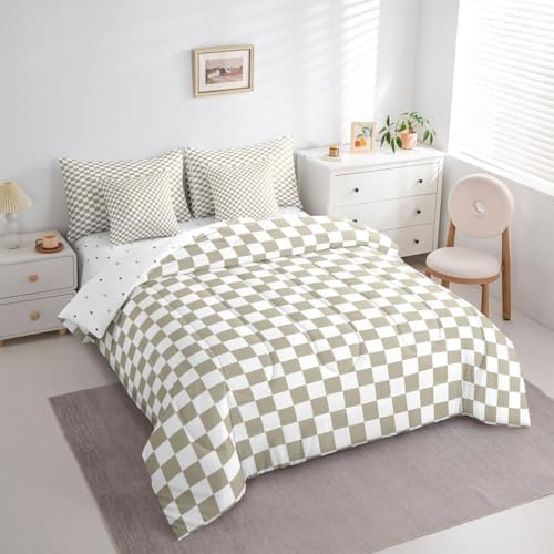 jejeloiu Light Khaki Plaid King Comforter Set with Sheets for Kids Boys Girls Checkered Classic 7 Pieces Bedding Set Grid Geometric Bed in a Bag Room Decor Soft Lightweight Microfiber