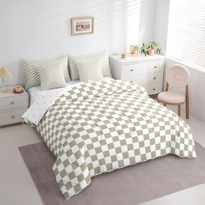 jejeloiu Light Khaki Plaid King Comforter Set with Sheets for Kids Boys Girls Checkered Classic 7 Pieces Bedding Set Grid Geometric Bed in a Bag Room Decor Soft Lightweight Microfiber