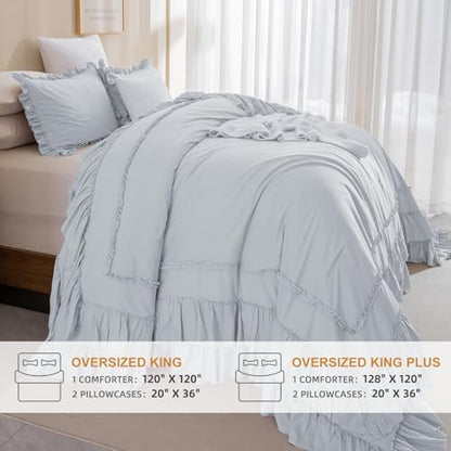 Masaca Oversized King Comforter 120x120,3 Pieces Farmhouse Ruffle Bedding Comforter,Light Blue Oversized Shabby Boho Chic Cal King Ruffled Bed Comforter Lightweight and Soft
