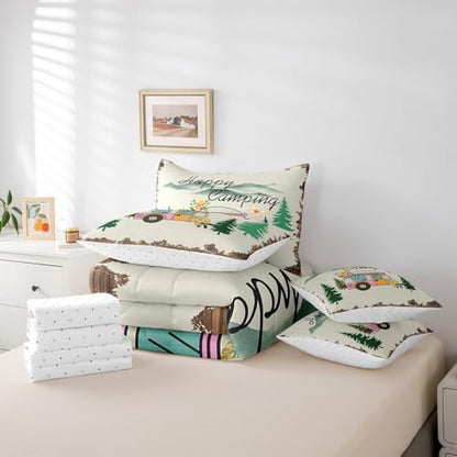 Erosebridal Happy Camping Comforter Set King Size,Camper RV Bedding Set for Kids Teens,Watercolor Tree Mountain (Comforter+Fitted+Flat Sheet+2 Pillowcases+2 Throw Pillow Covers) 7 Pieces Bed Set