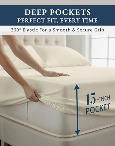 LANE LINEN Twin Size Sheets 100% Egyptian Cotton Sateen - Ivory Swiss Dot