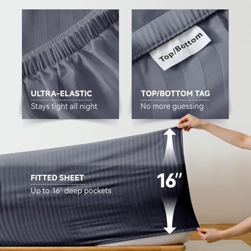 Cooling Sheets Set Cal King Size, Viscose Derived from Bamboo for Hot Sleepers, Double Stitching, Deep Pocket to 16 Inch, Silky Soft and Breathable Bedding, 4PC (Cal King, Jacquard Dark Grey)