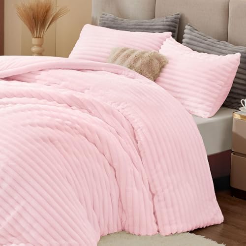 BEDELITE Fleece Oversized Queen Comforter Set,Fluffy Bed Set,Cherry Blossom