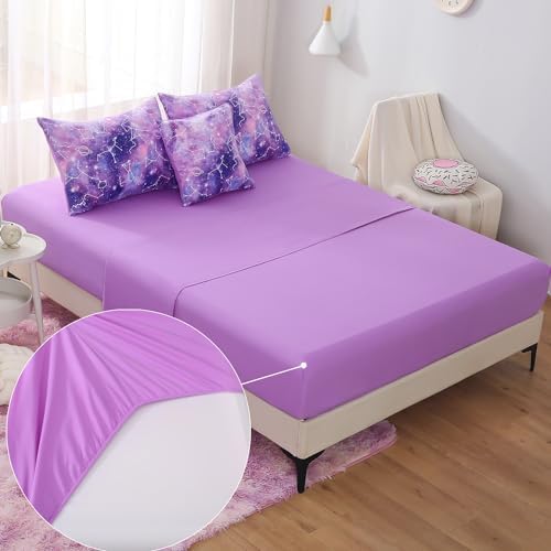 JQinHome Queen Gradient Galaxy Comforter Set for Girls,6 Piece Bed in A Bag 3D Colorful Tie Dye Constellation Print Ombre Bedding Set with Pillowcase, Flat & Fitted Sheet,Cushion Cover (Purple)