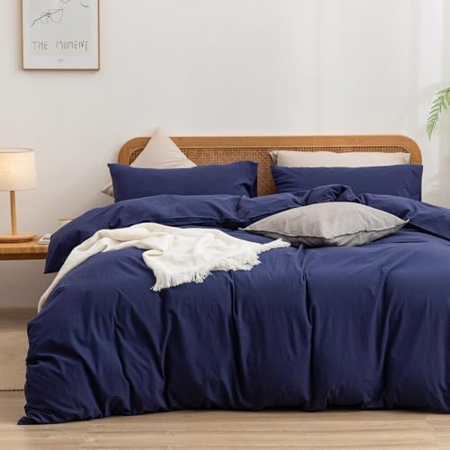 BESTOUCH Cotton Solid Duvet Cover Set Linen Feel Navy Blue Super King
