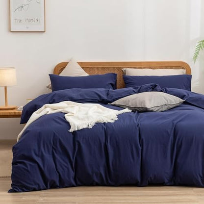 BESTOUCH Cotton Solid Duvet Cover Set Linen Feel Navy Blue Super King