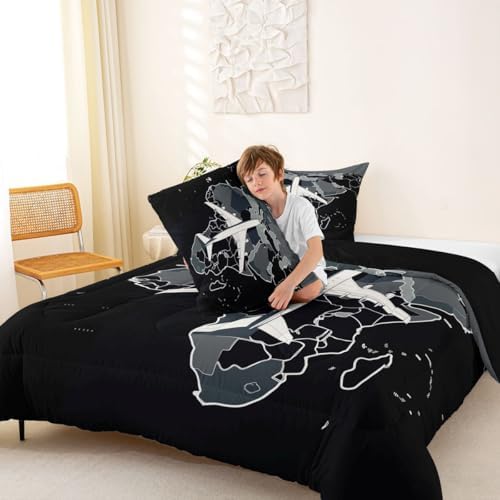 Erosebridal Airplane Comforter Set King Aircraft Bedding Set Gradient Gray World Map Comforter for Kids Boys Girls Modern Transportation Plane Quilt Duvet