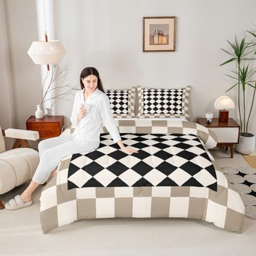 Feelyou Checkered Kids Comforter Set Queen Size Beige Brown Plaid Bedding Set Geometric Groovy Aesthetic Duvet Quilt for Kids Boys Girls Bedroom Reversible Grey Decor